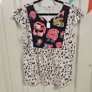 Ruffled Black and White Cap Sleeve Blouse